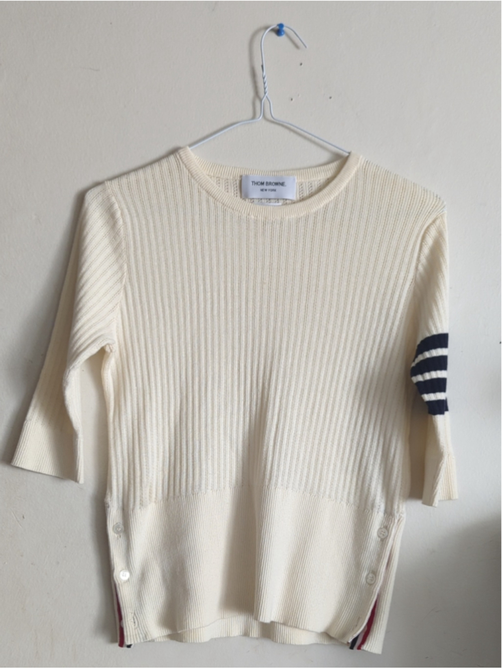 Thom Browne Cream Short-Sleeve Knit with Black Sleeve Stripes - Picture 4 of 10